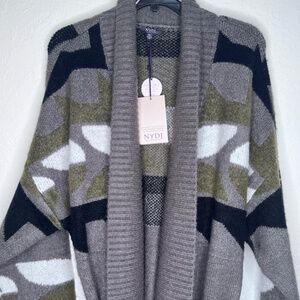 NYDJ Fair Isle Cardigan Sweater Coatigan Longline Long Open Belted Camo Coat XL